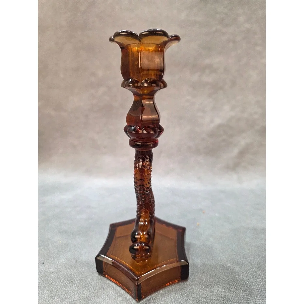 Vintage Amber Glass Koi Fish Candlestick Holder Hexagonal Base Dolphin Pedestal
